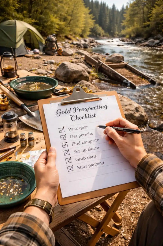 Gold prospecting gear laid out for a weekend trip — complete checklist by Hobby Miner Outlet