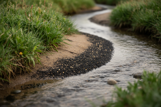 Close-up of black sand and gold flakes at a coastal stream bend where green grass meets wet sand