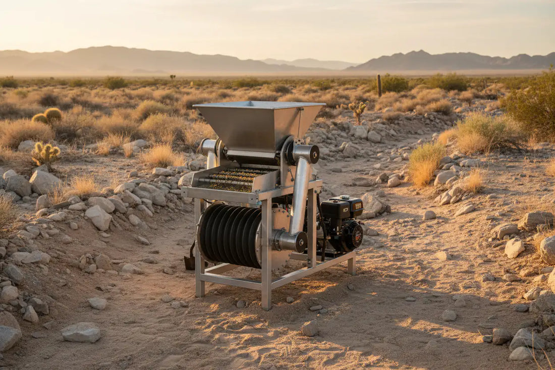 Gold prospector dry washing for gold in a desert landscape — Hobby Miner Outlet desert guide