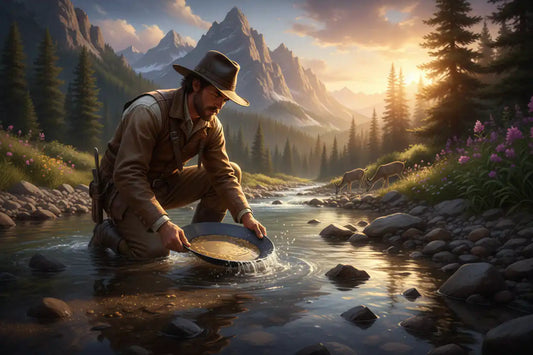 Gold prospector working a mountain creek gravel bar — top prospecting locations guide 2026 by Hobby Miner Outlet