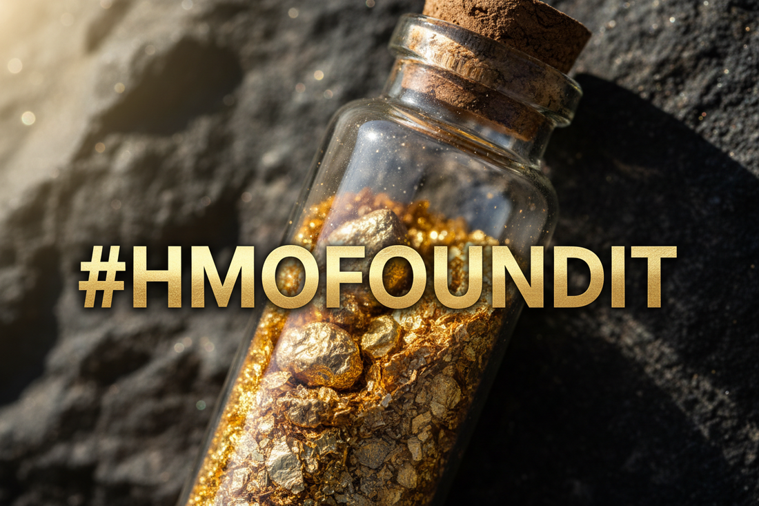 Close-up of a glass vial filled with gold flakes and nuggets with #HMOFOUNDIT text overlay — Hobby Miner Outlet customer finds blog cover image.
