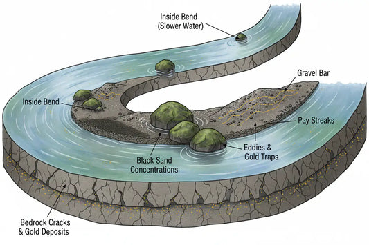 Prospector examining exposed bedrock and pay streak in a dry creek bed — Hobby Miner Outlet ground reading guide