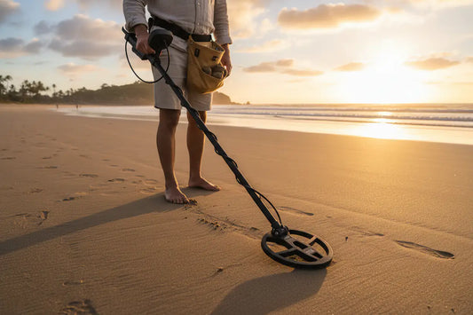 Beginner metal detectorist scanning a field with a handheld detector — Hobby Miner Outlet getting started guide