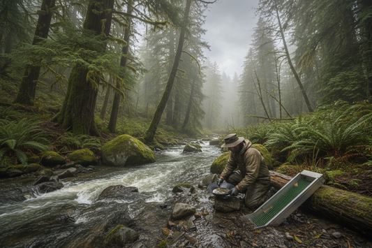 Pacific Northwest gold prospecting scene with moss-covered rocks and old-growth forest