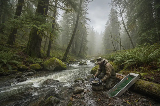 Gold prospector working a Pacific Northwest stream in fall low-water conditions — Hobby Miner Outlet seasonal guide