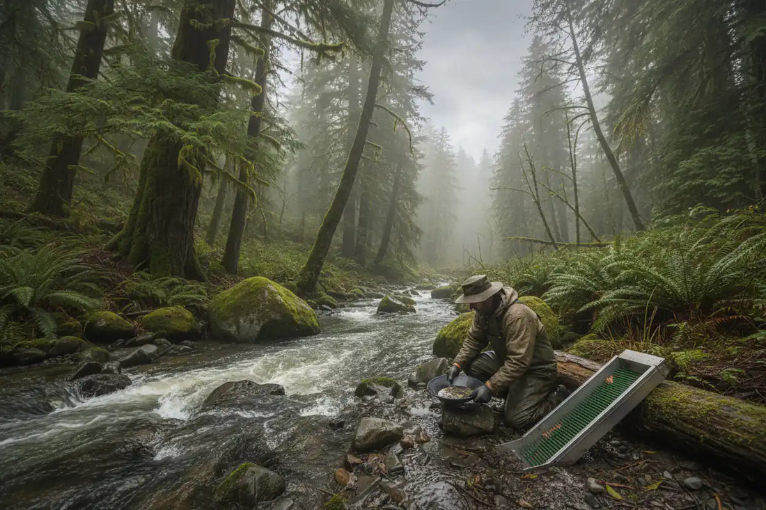 Gold prospector working a Pacific Northwest stream in fall low-water conditions — Hobby Miner Outlet seasonal guide