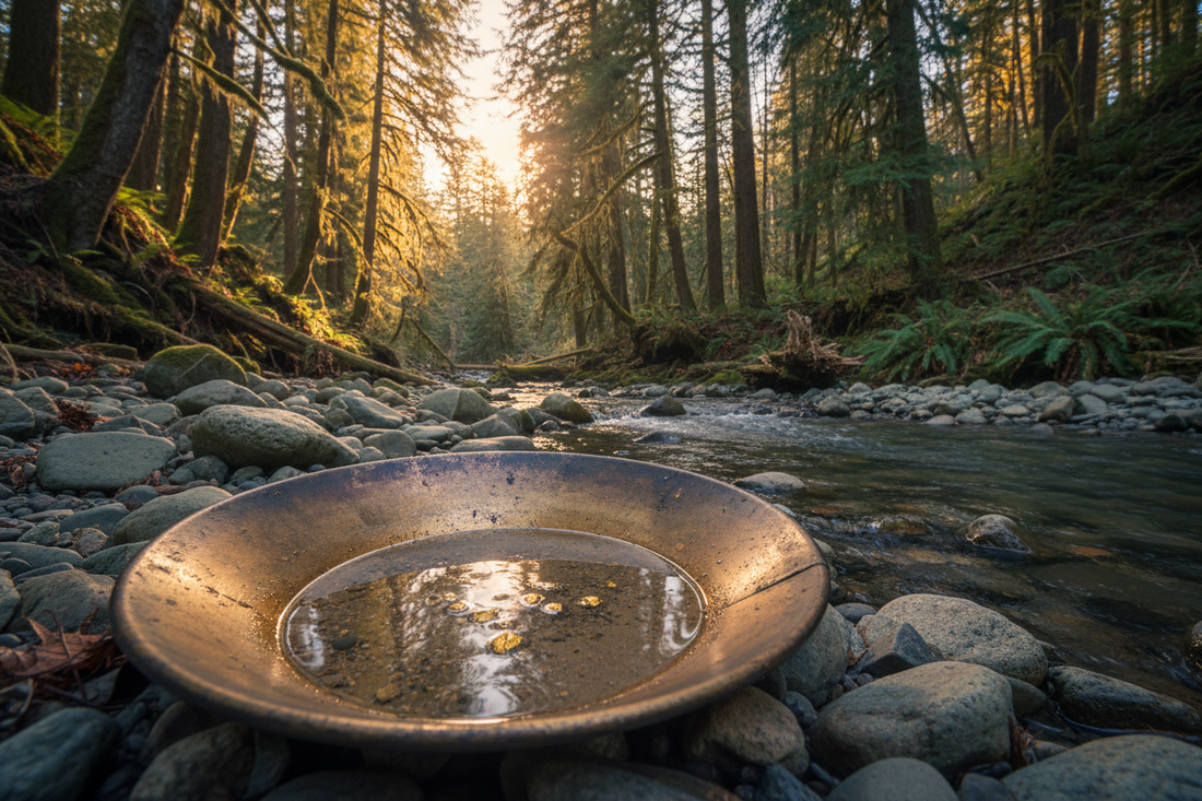 Gold pan with color on Oregon river rocks