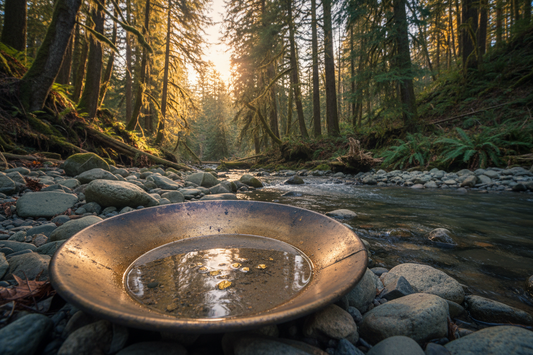 Gold pan with color on Oregon river rocks