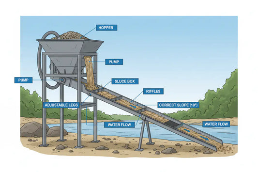 Gold prospector assembling a highbanker sluice system at a river — Hobby Miner Outlet setup guide