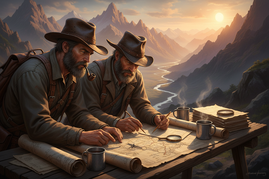 Prospectors planning at a table with mountains and a waterway in the background