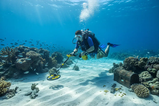 Diver using an underwater metal detector in shallow coastal water — Hobby Miner Outlet treasure hunting guide