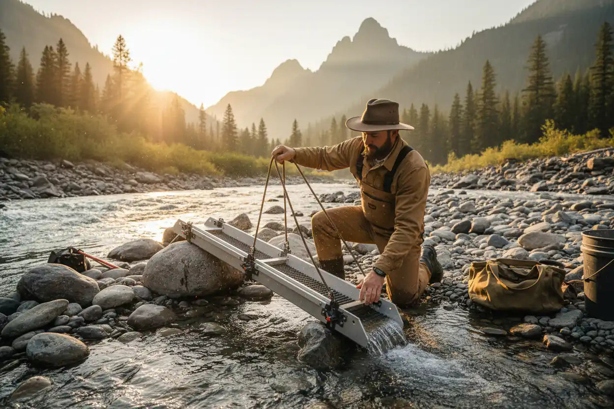 River sluice box in stream — gold prospecting sluice collection by Hobby Miner Outlet