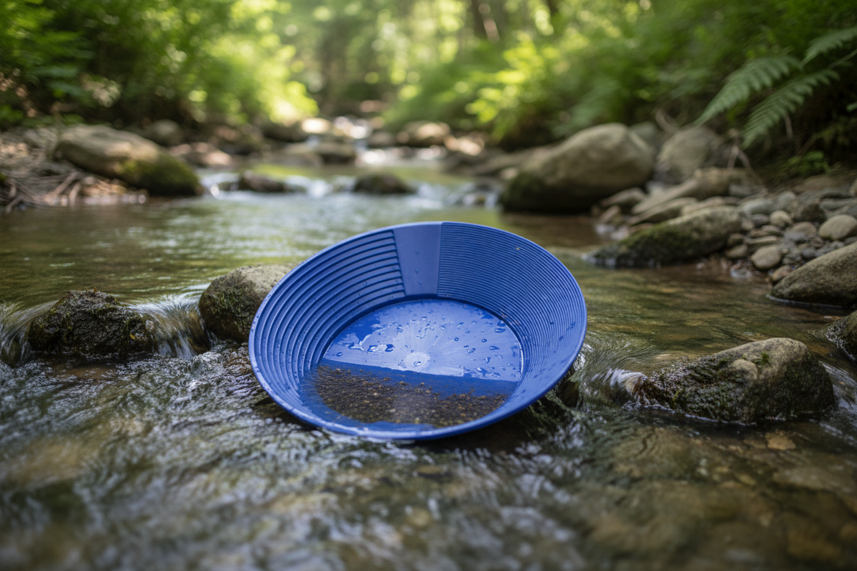 Blue Basic Gold Pan with river background
