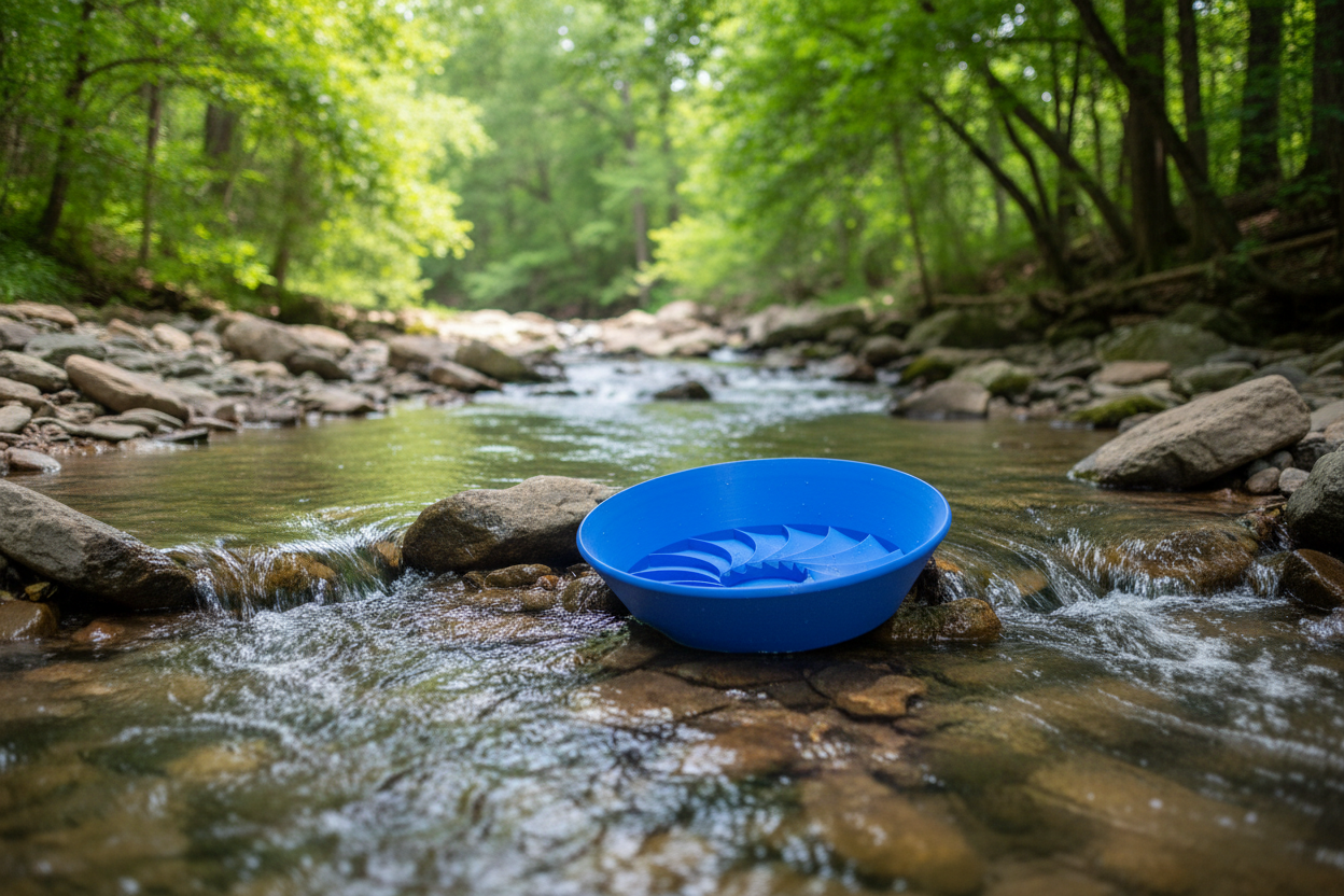 Blue Gold Wash Pan with river background