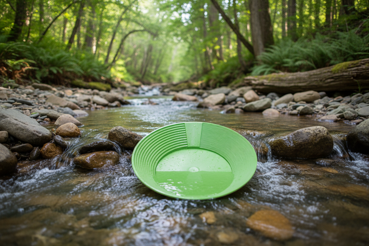 Green Basic Gold Pan with river background