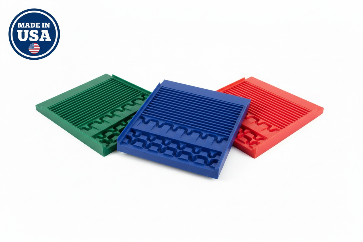 Mustang Sluice Mats Hero Image - All Three Colors with Made in USA Badge