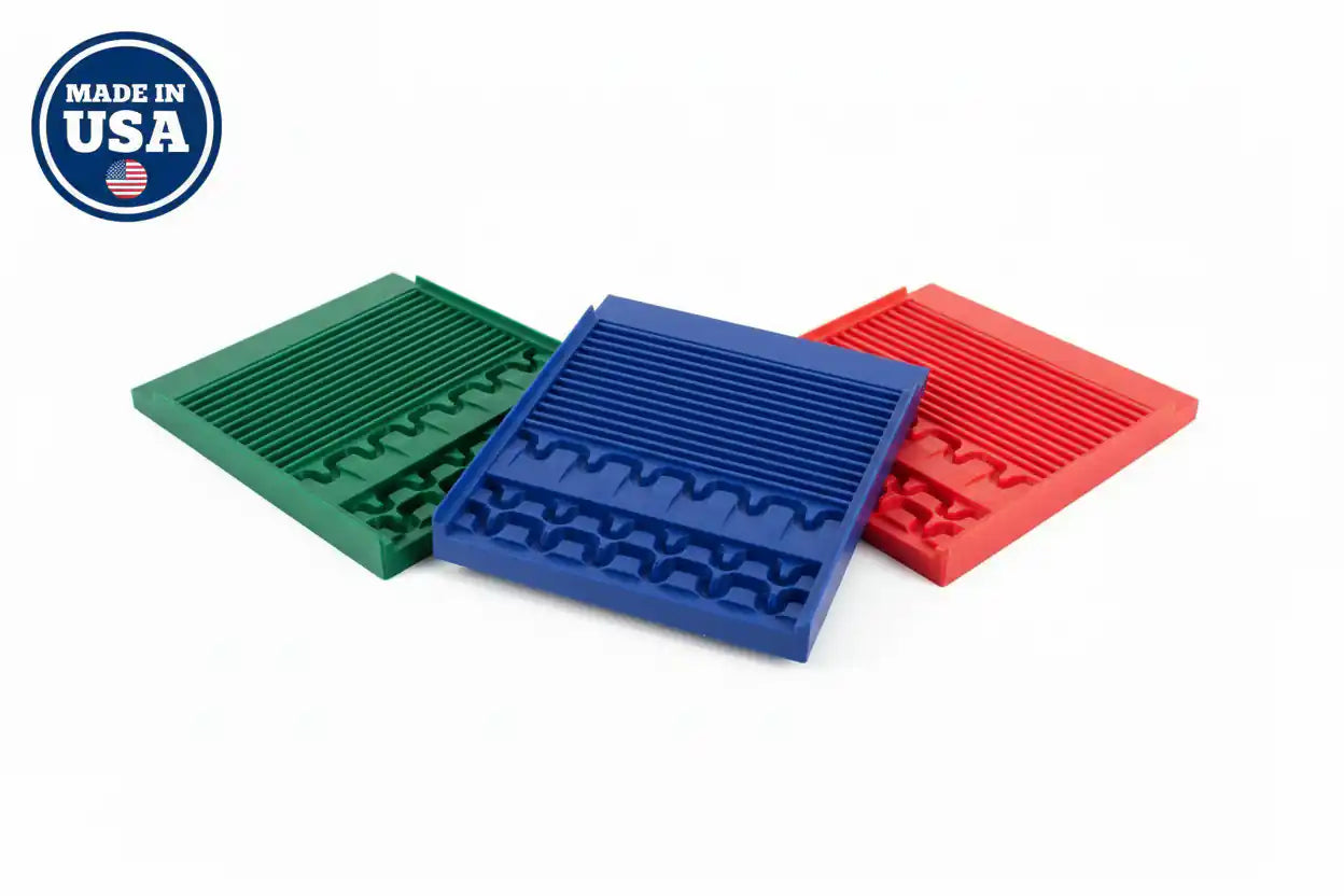 Mustang Sluice Mats Hero Image - All Three Colors with Made in USA Badge