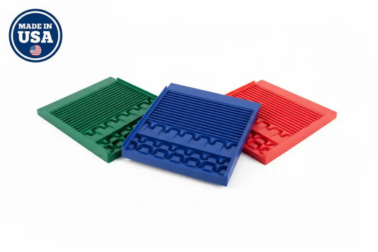 Mustang Sluice Mats Hero Image - All Three Colors with Made in USA Badge
