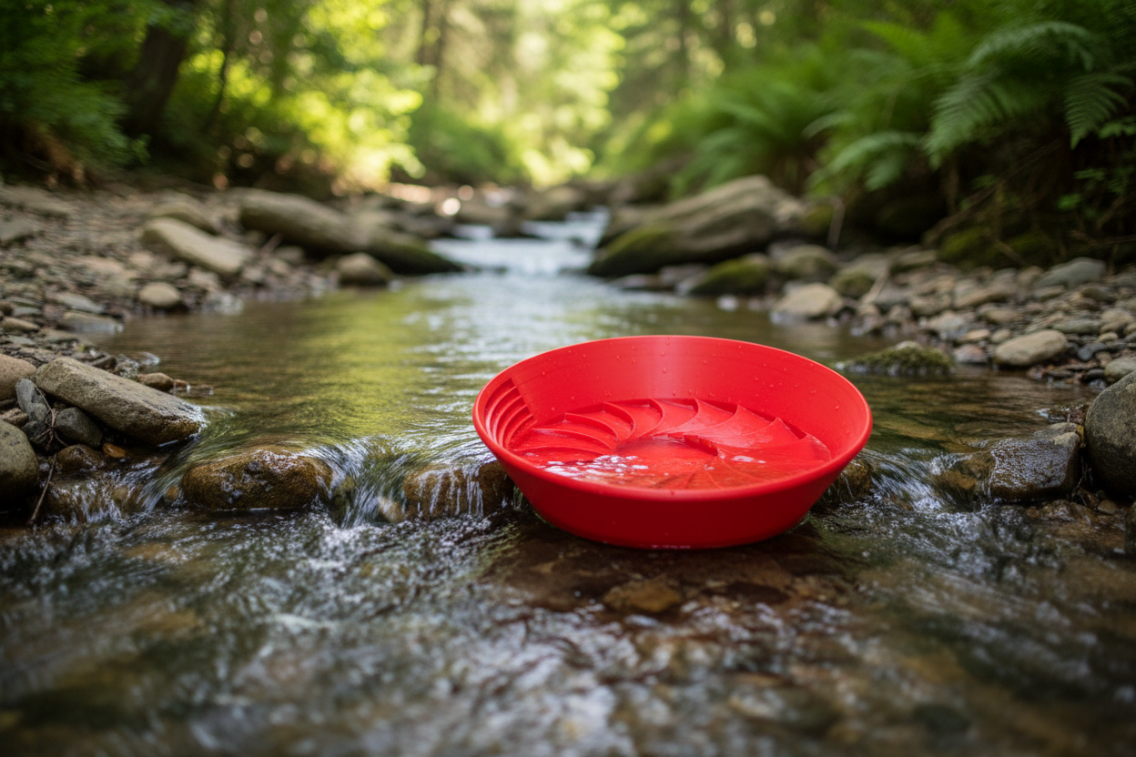 Red Gold Wash Pan with river background
